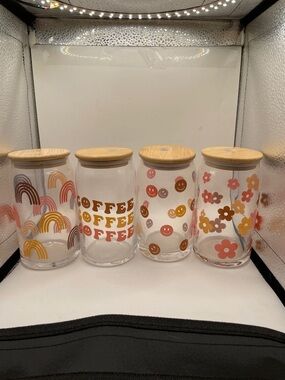 Hand Crafted Glass Coffee Canister Set with Pink, Brown, Yellow & Orange Designs
